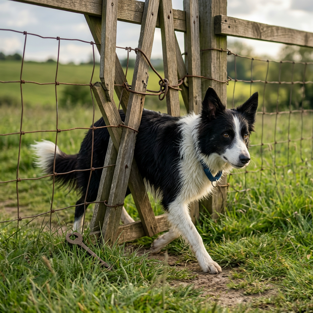 Black and white Border Collie walking on a dirt path in a green field with tongue out